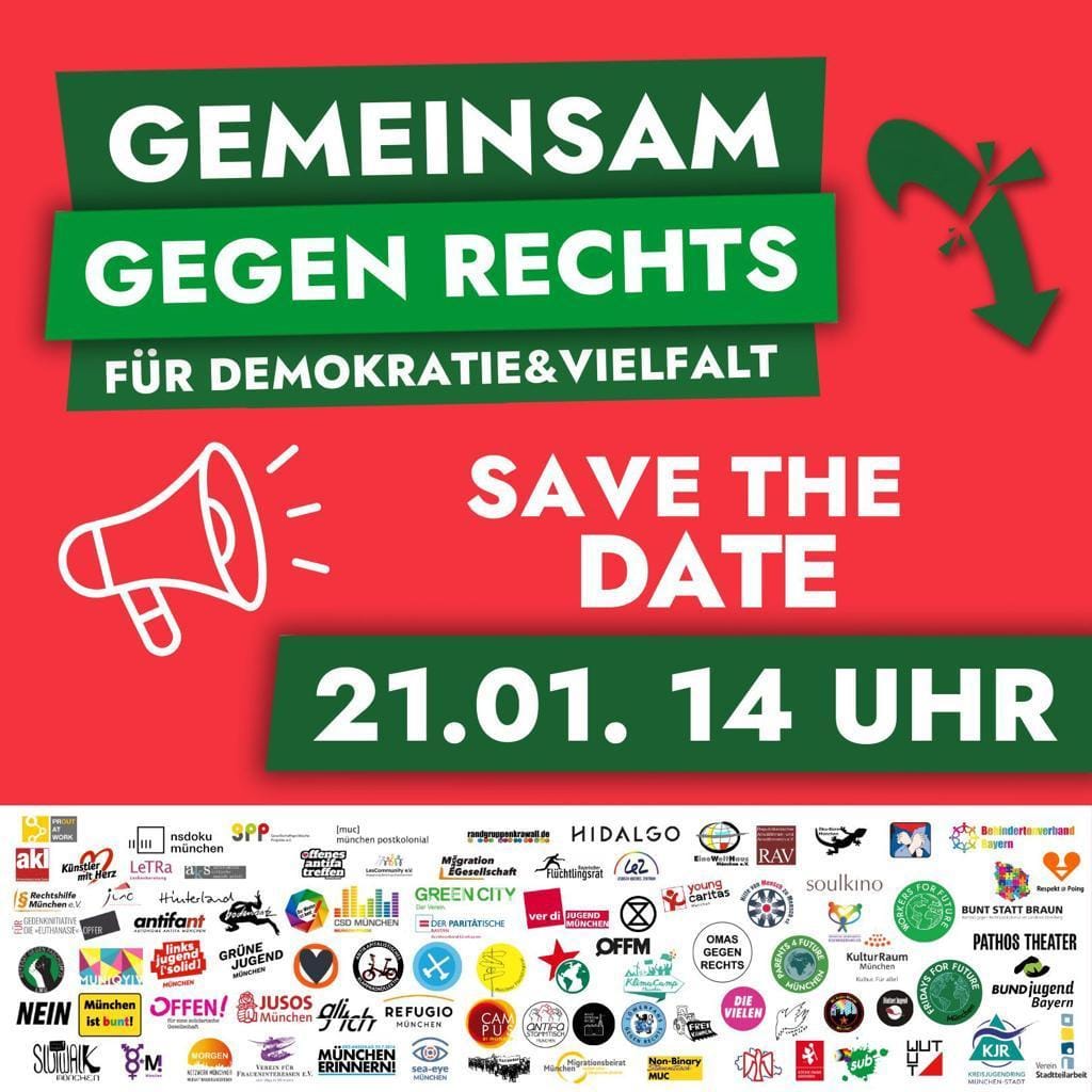 Werbeplakat zur Demo "Gemeinsam gegen Rechts" am 21.01.2024 ab 14 Uhr in München